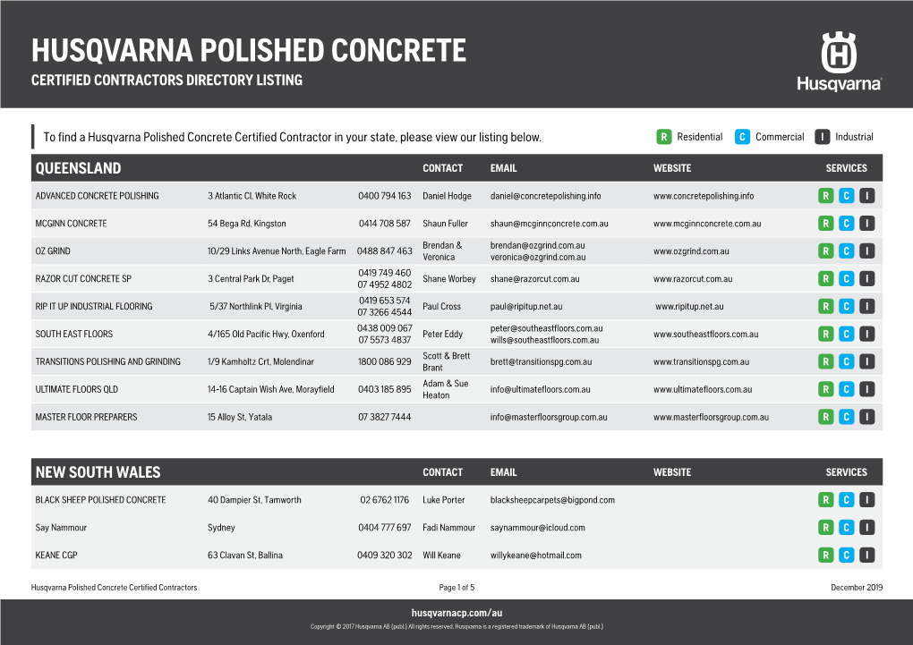 Husqvarna Polished Concrete Certified Contractors Directory Listing