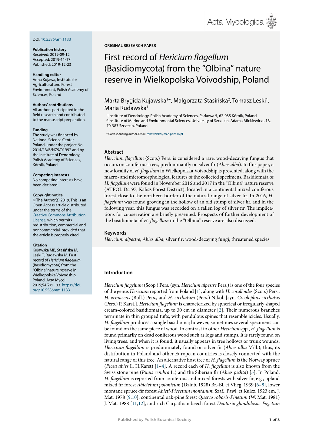 First Record of Hericium Flagellum (Basidiomycota) from the “Olbina” Nature Reserve in Wielkopolska Voivodship, Poland