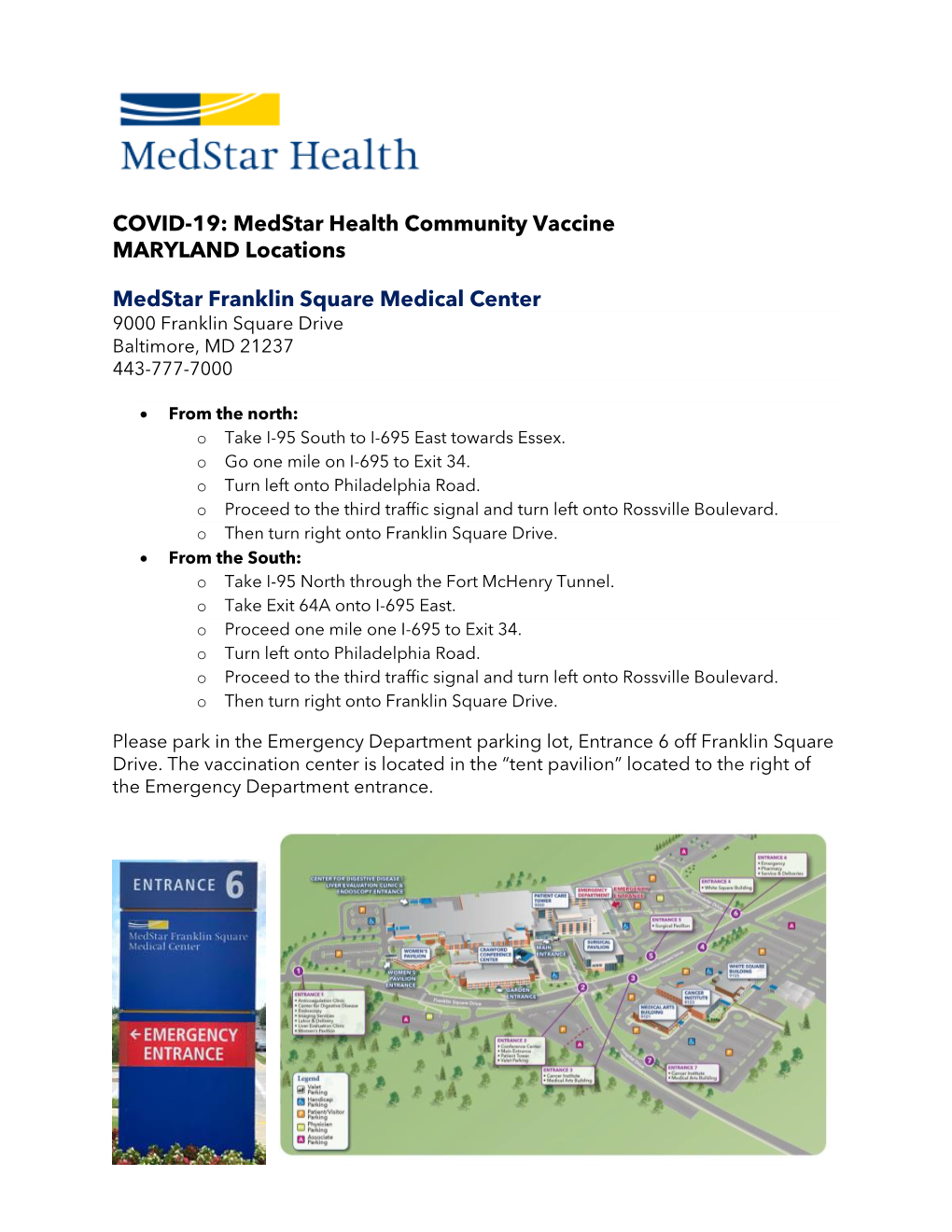 Medstar Health Community Vaccine MARYLAND Locations Medstar