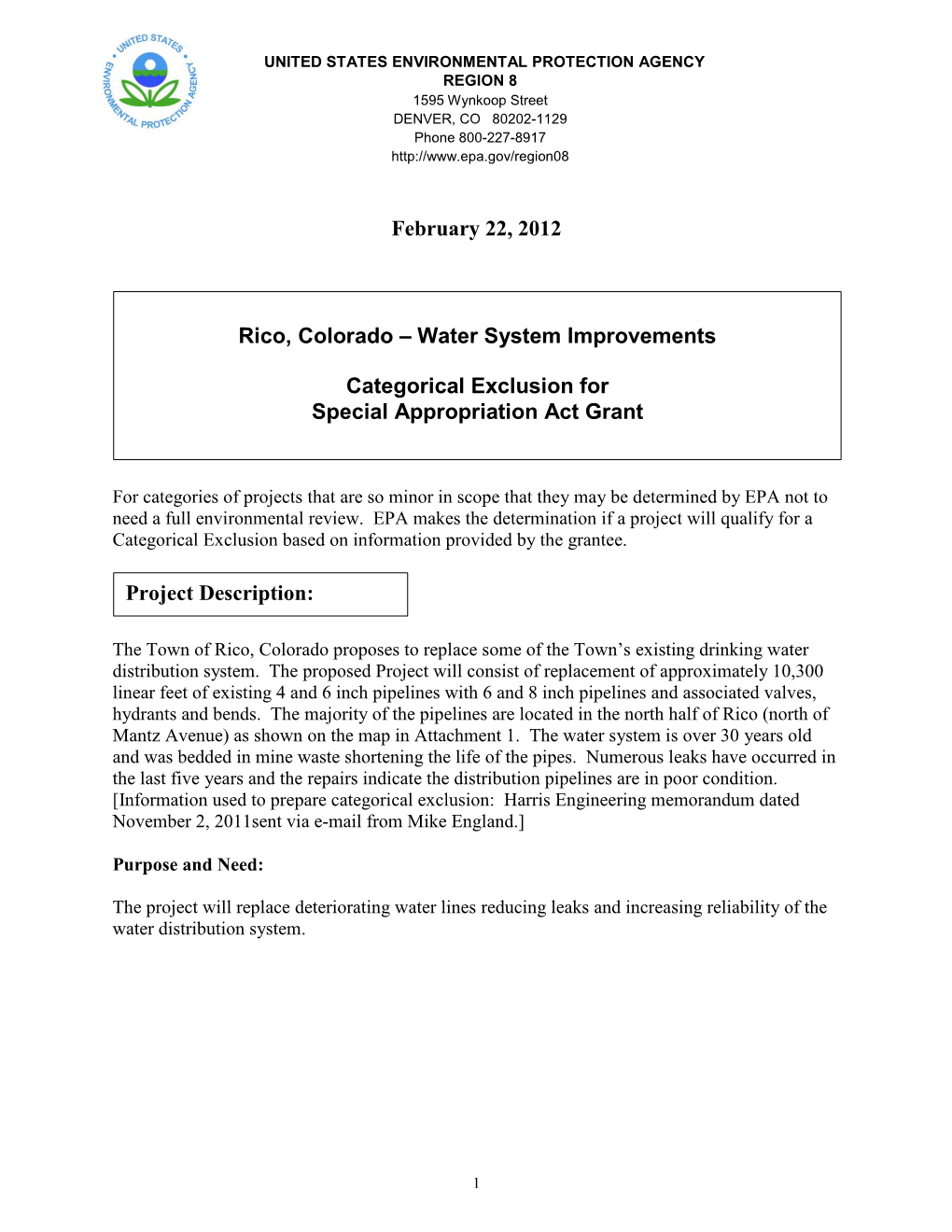 Rico, Co Categorical Exclusion Waterline Replacement Project