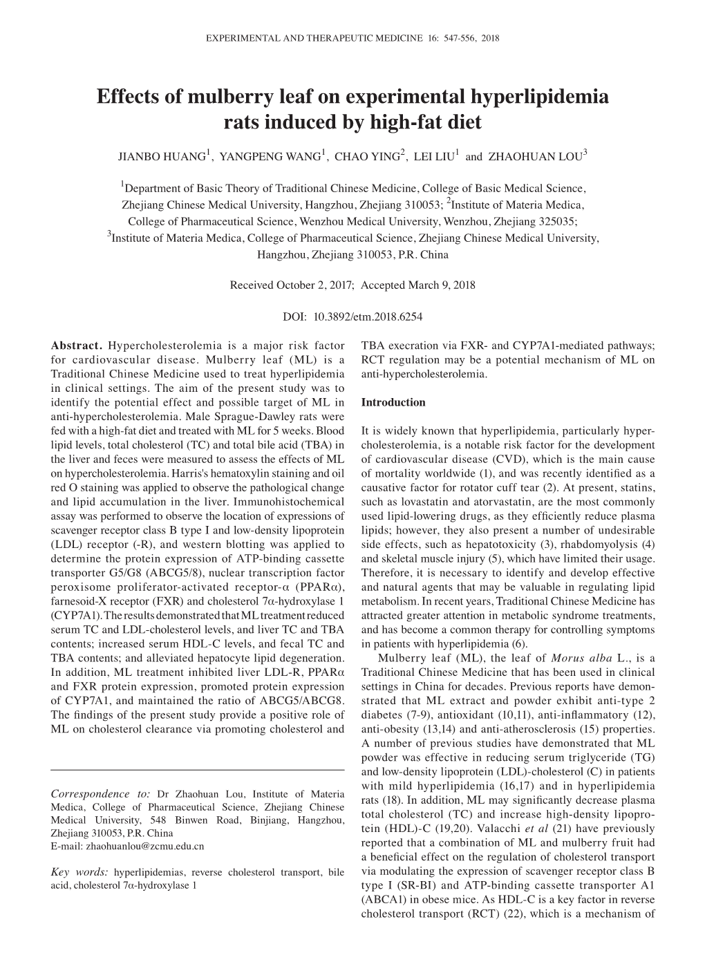 Effects of Mulberry Leaf on Experimental Hyperlipidemia Rats Induced by High‑Fat Diet