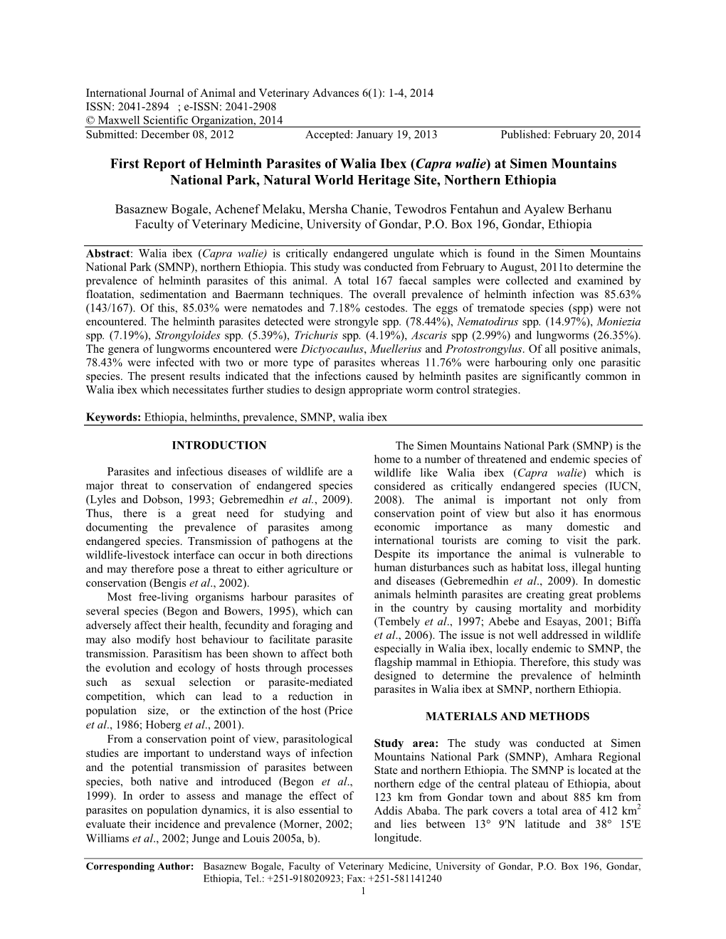 First Report of Helminth Parasites of Walia Ibex (Capra Walie) at Simen Mountains National Park, Natural World Heritage Site, Northern Ethiopia