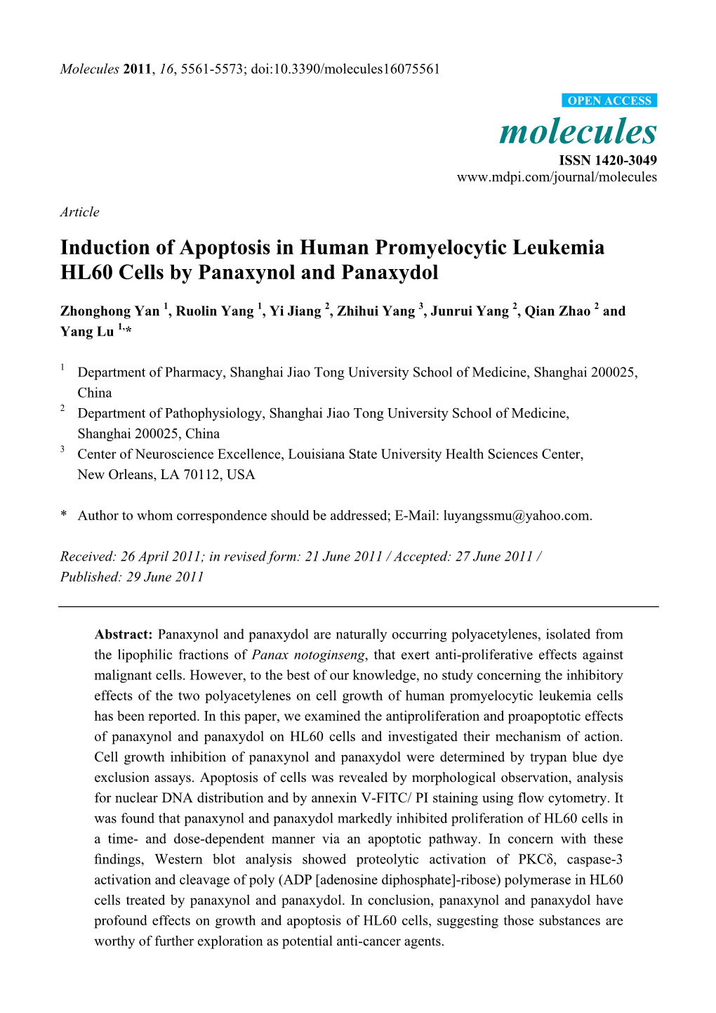 Induction of Apoptosis in Human Promyelocytic Leukemia HL60 Cells by Panaxynol and Panaxydol