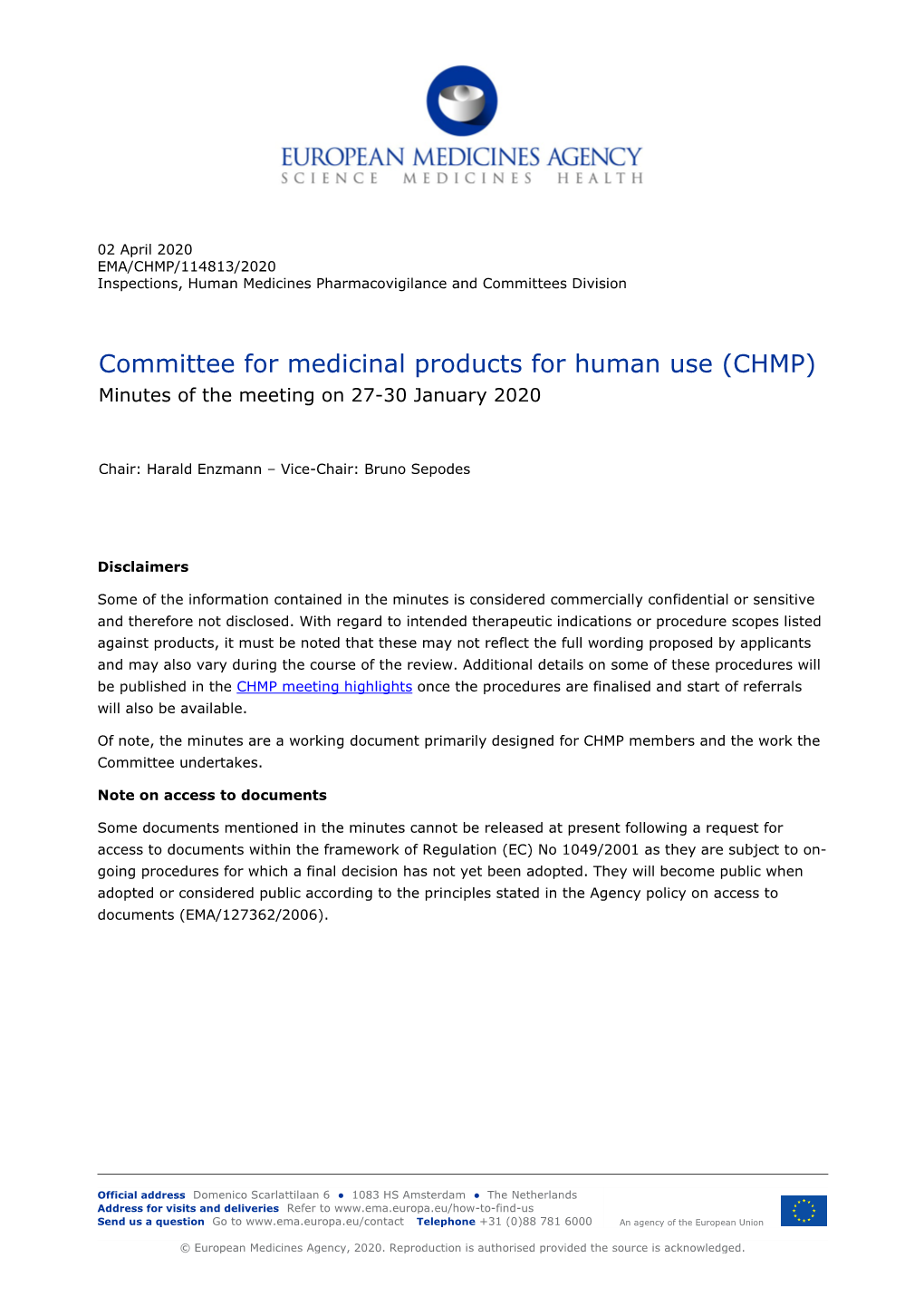 Minutes of the CHMP Meeting 27-30 January 2020