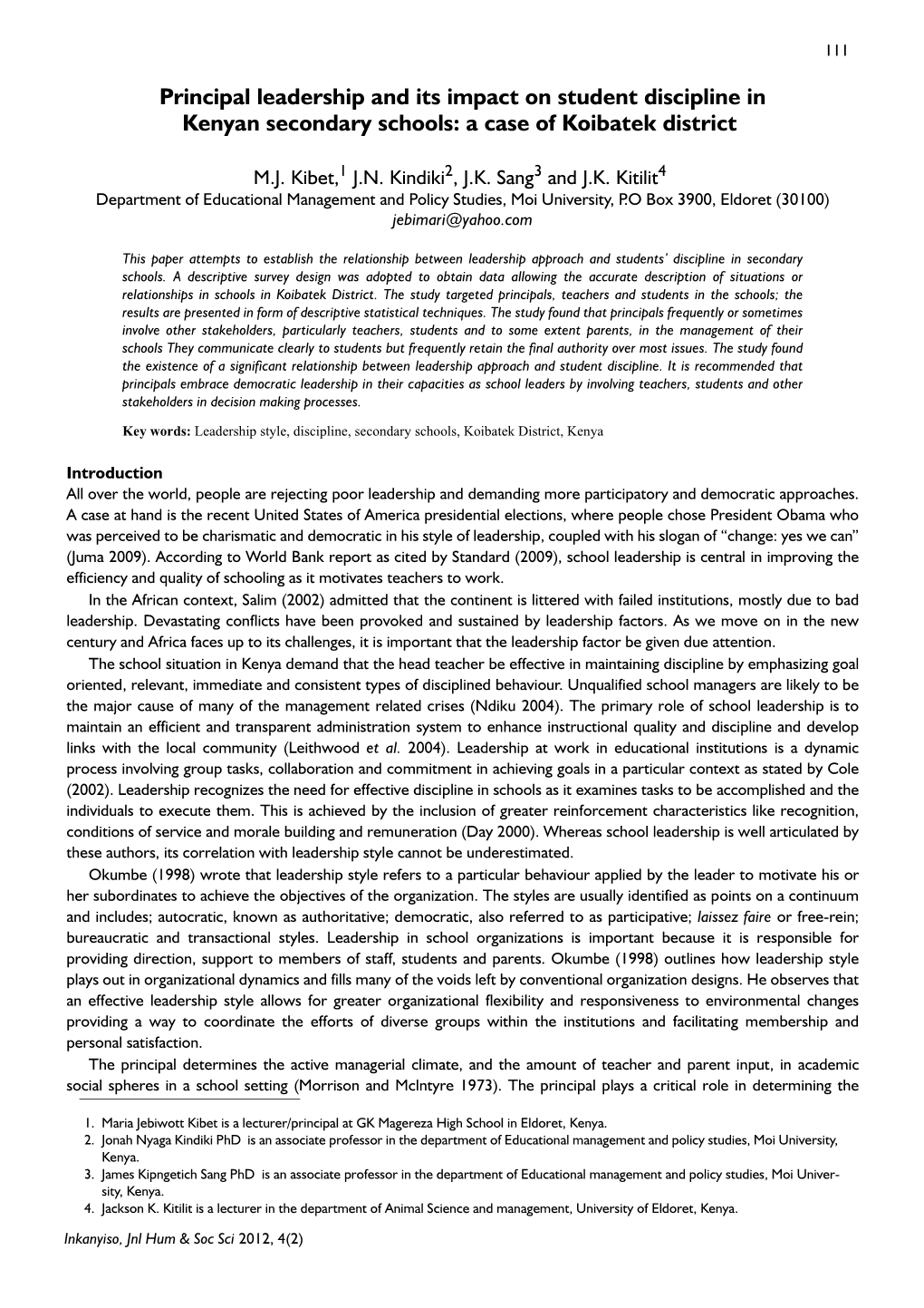 Leadership and Its Impact on Student Discipline in Kenyan Secondary Schools: a Case of Koibatek District