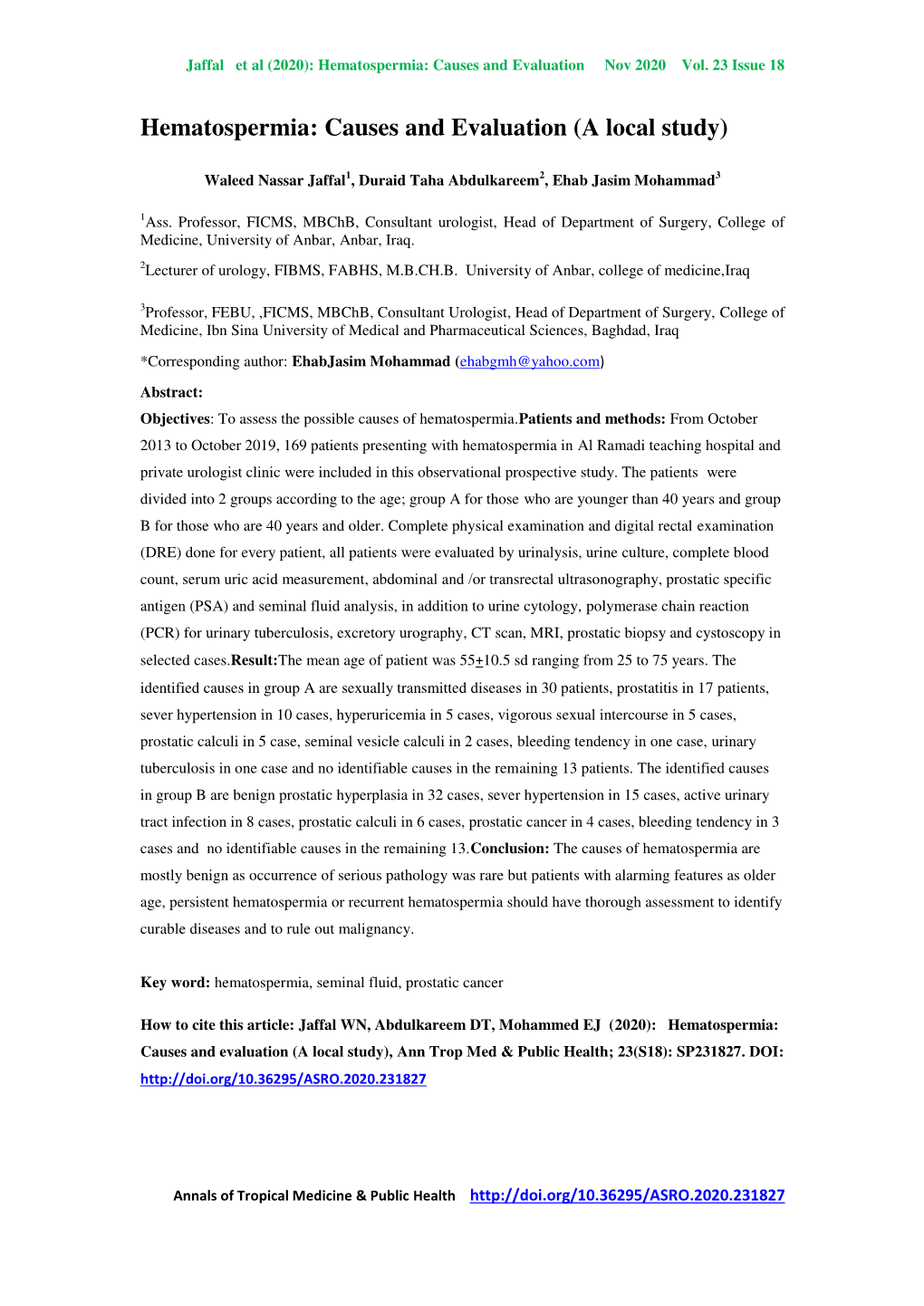 Hematospermia: Causes and Evaluation Nov 2020 Vol