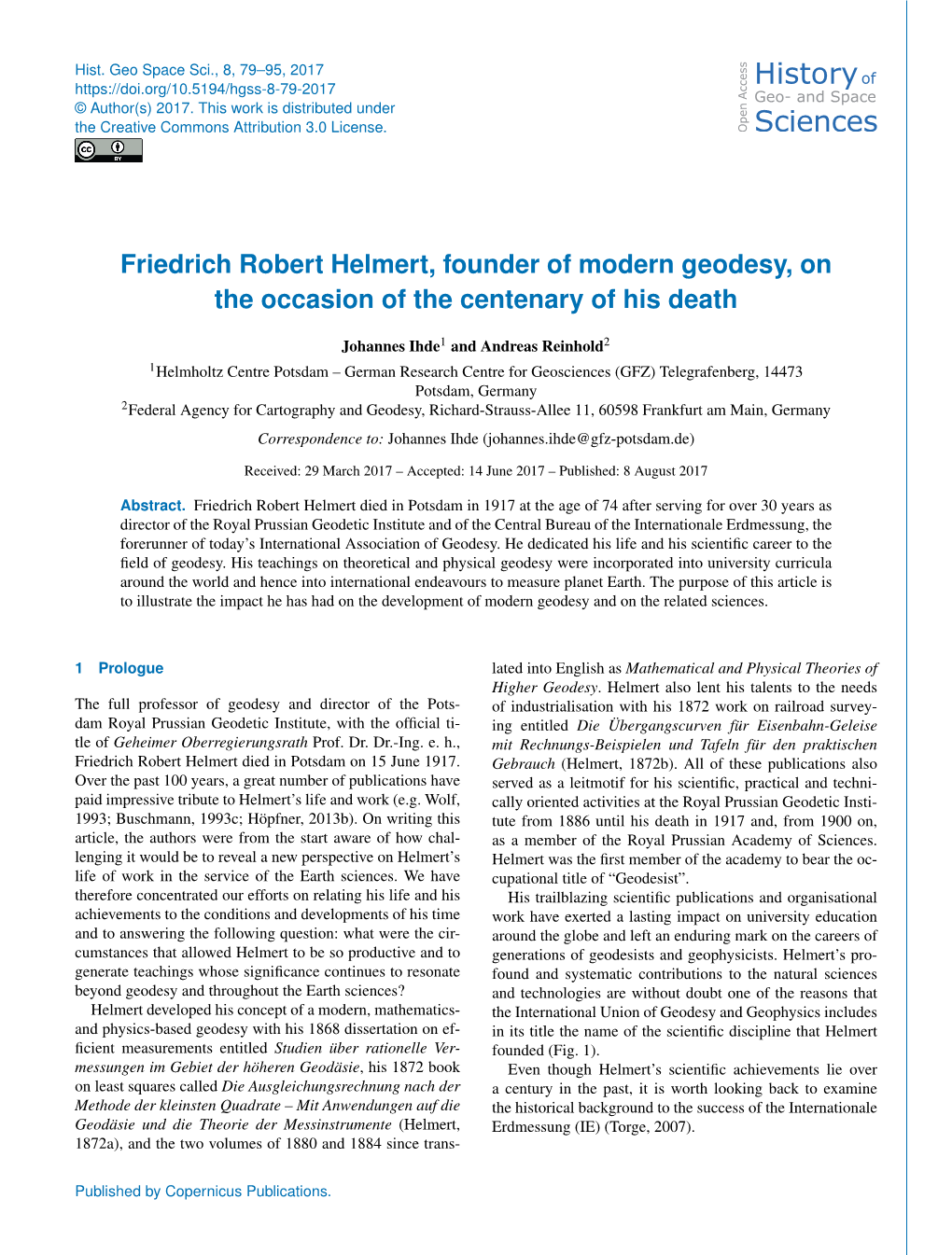 Friedrich Robert Helmert, Founder of Modern Geodesy, on the Occasion of the Centenary of His Death