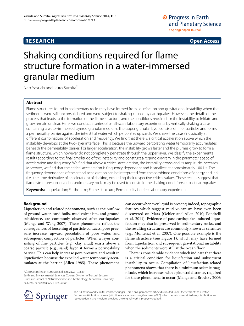 Shaking Conditions Required for Flame Structure Formation in a Water-Immersed Granular Medium Nao Yasuda and Ikuro Sumita*
