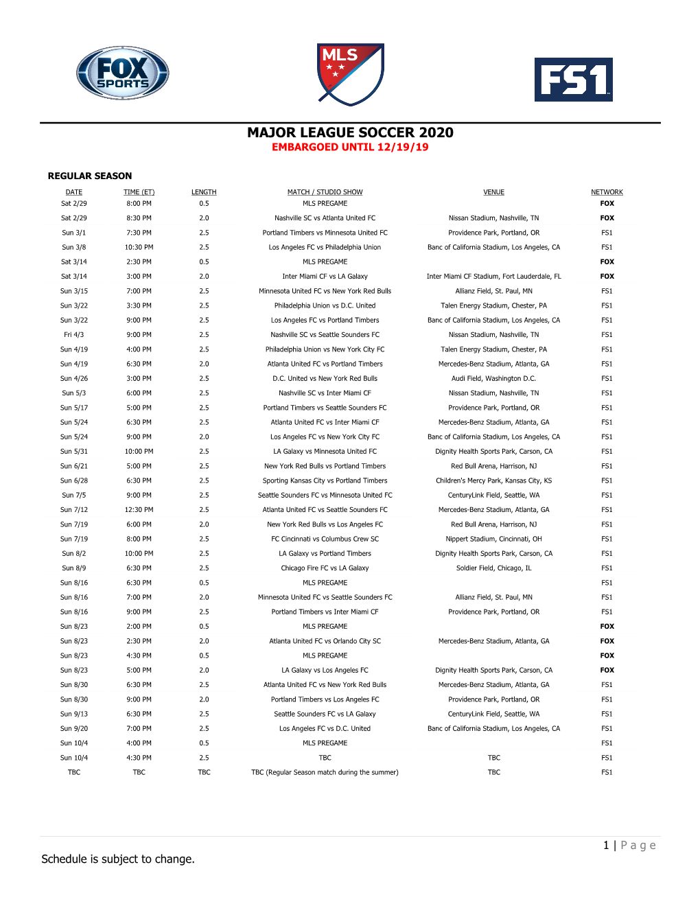 Major League Soccer 2020 Embargoed Until 12/19/19