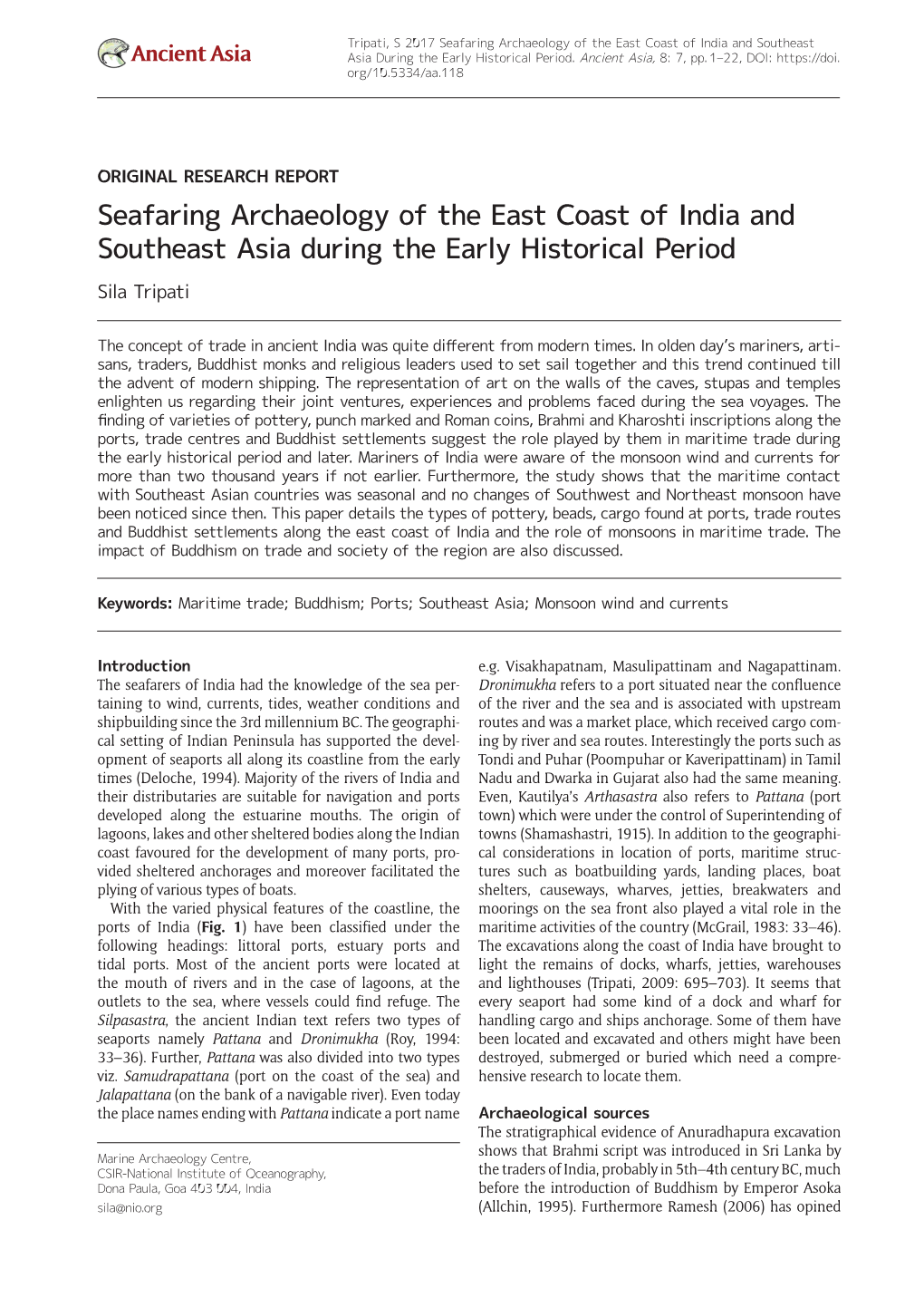Seafaring Archaeology of the East Coast of India and Southeast Asia During the Early Historical Period Sila Tripati
