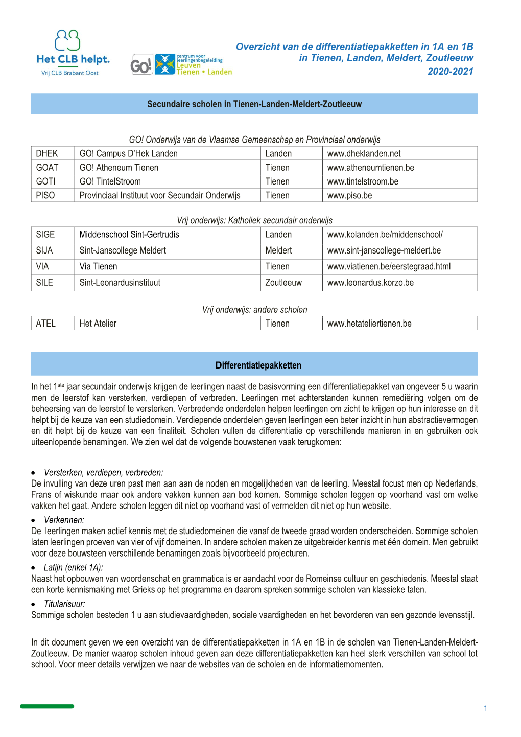 Overzicht Van De Differentiatiepakketten in 1A En 1B in Tienen, Landen, Meldert, Zoutleeuw 2020-2021