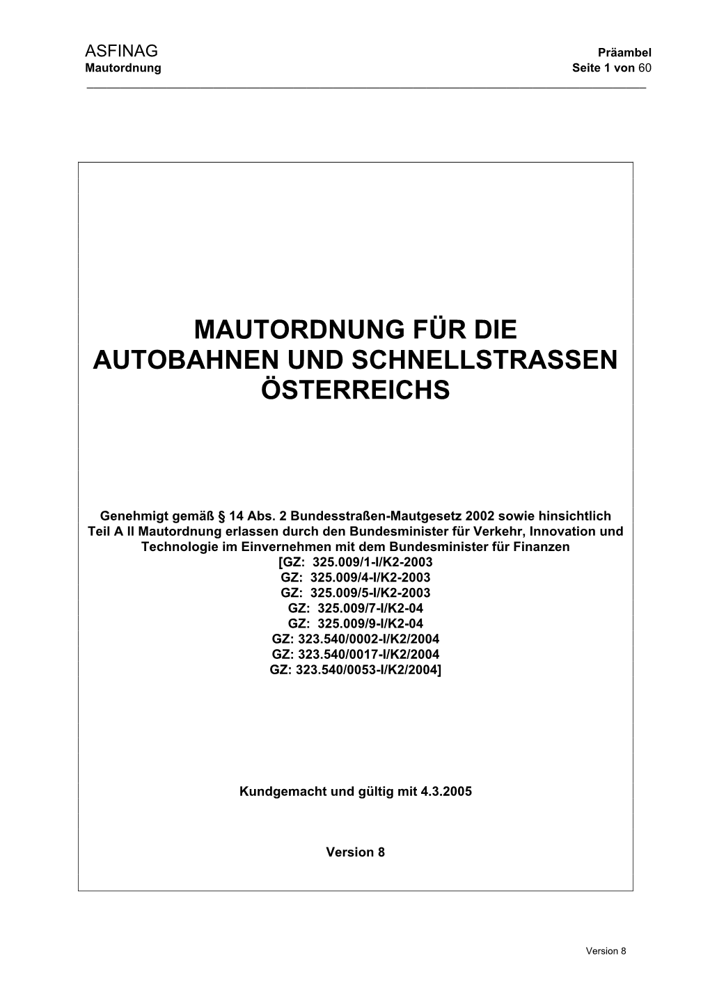 Mautordnung Version 8