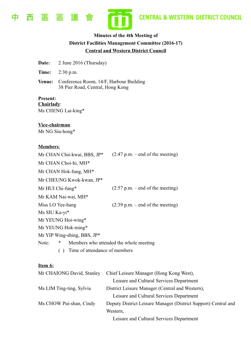 Minutes of the 4Th Meeting of District Facilities Management Committee (2016-17) Central