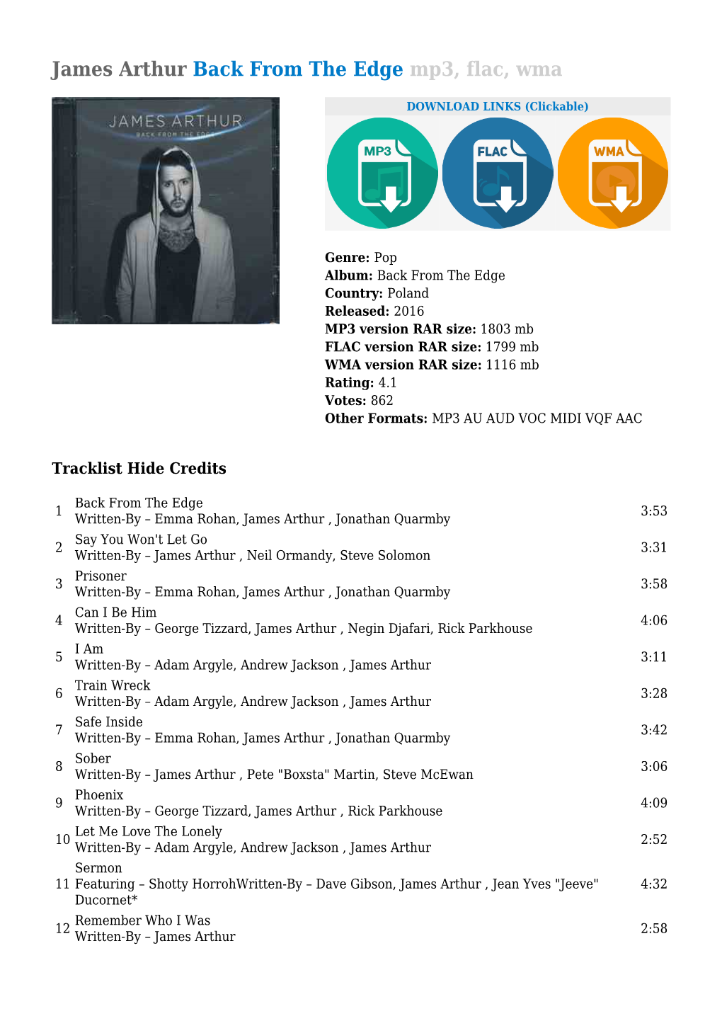 James Arthur Back from the Edge Mp3, Flac, Wma