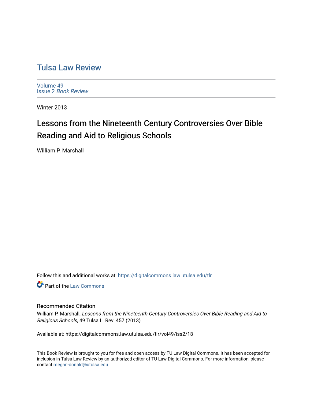 Lessons from the Nineteenth Century Controversies Over Bible Reading and Aid to Religious Schools