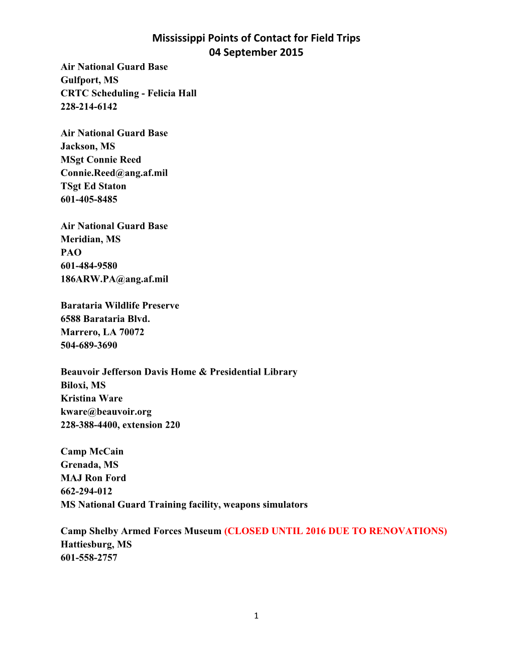 Mississippi Points of Contact for Field Trips 04 September 2015 Air National Guard Base Gulfport, MS CRTC Scheduling - Felicia Hall 228-214-6142