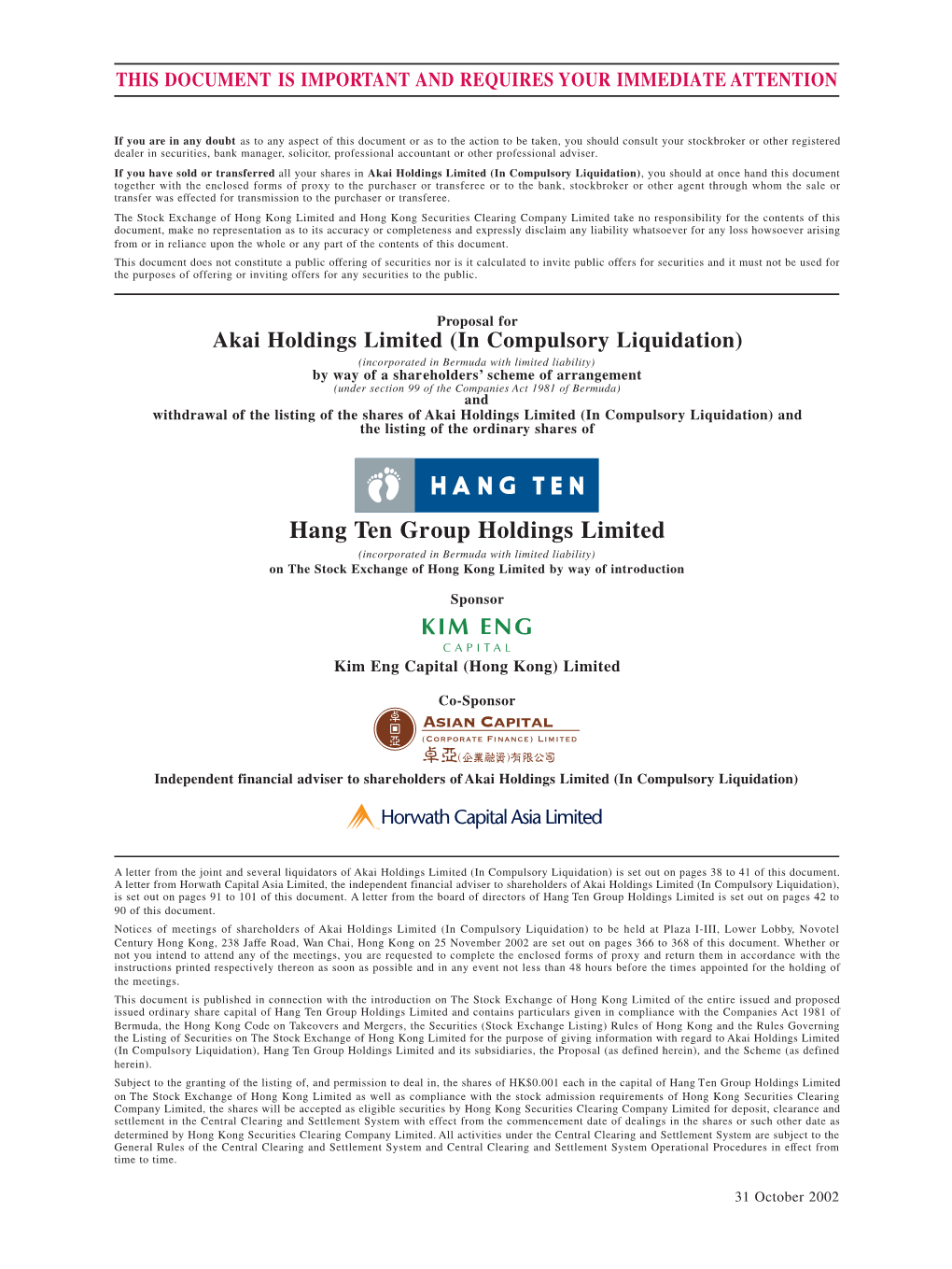 Hang Ten Group Holdings Limited (Incorporated in Bermuda with Limited Liability) on the Stock Exchange of Hong Kong Limited by Way of Introduction