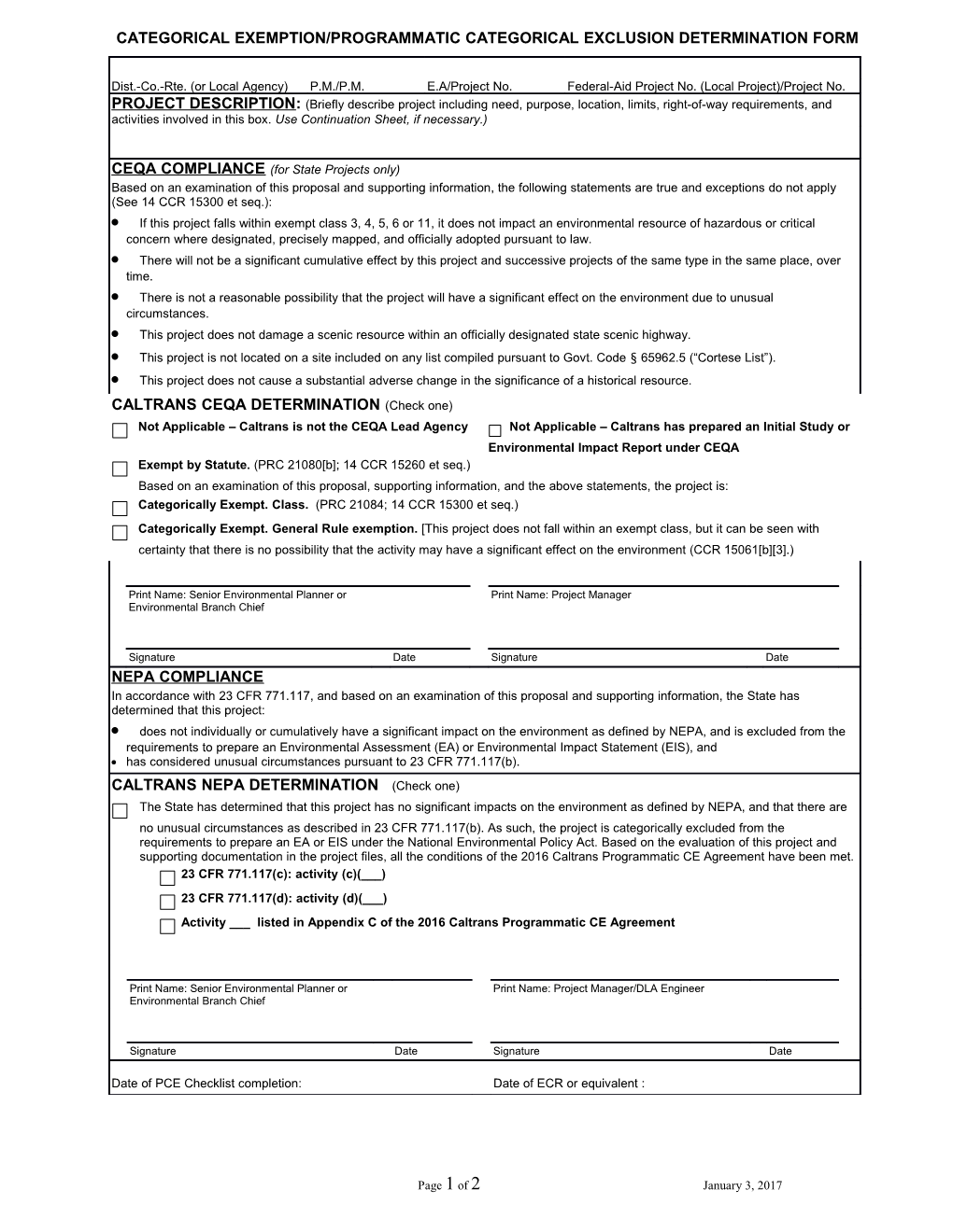 Proposed Categorical Exemption/Exclusion and Programmatic Categorical Exclusion Form