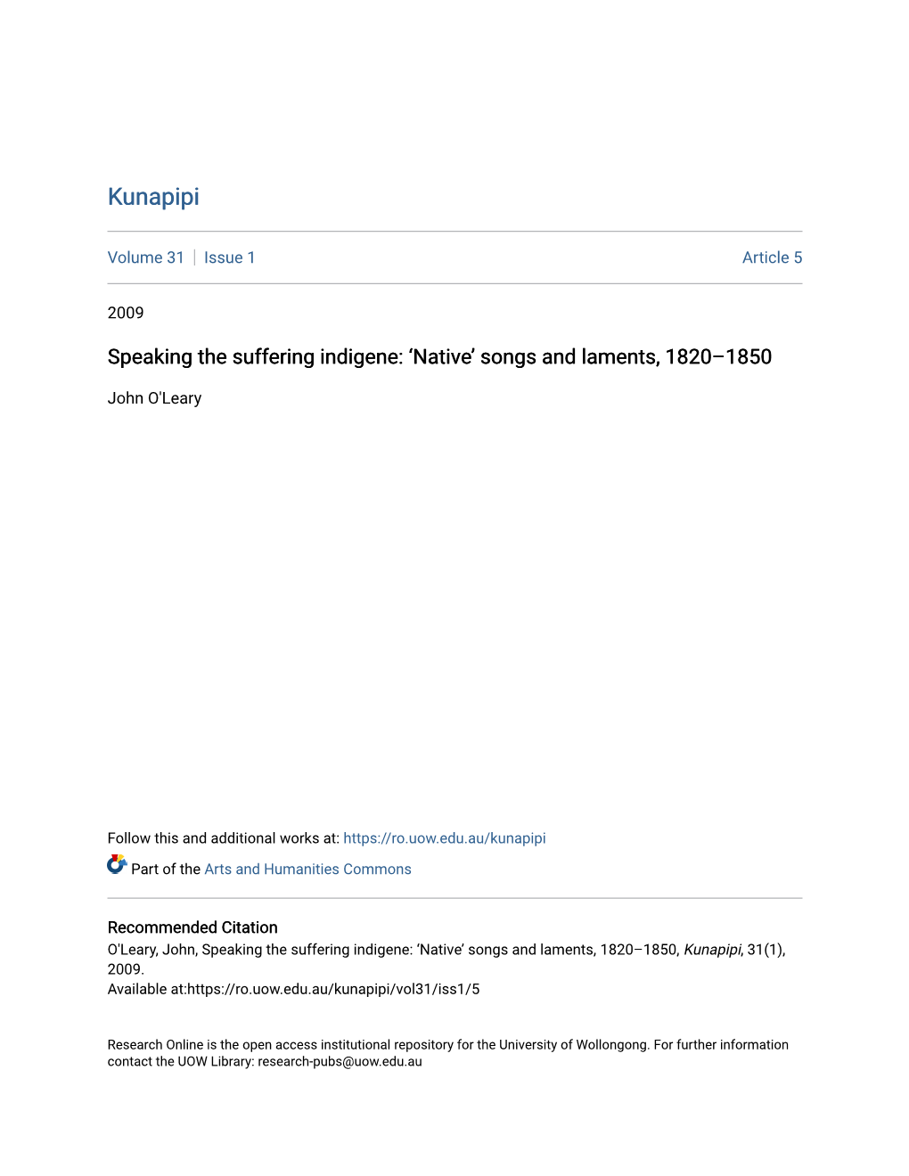 Speaking the Suffering Indigene: ‘Native’ Songs and Laments, 1820–1850