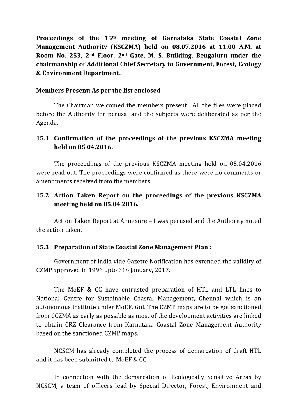 Proceedings of the 15Th Meeting of Karnataka State Coastal Zone