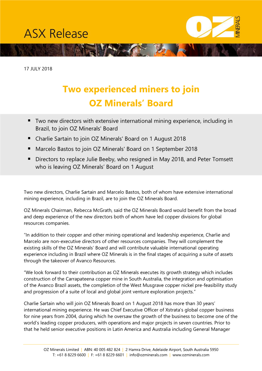 Two Experienced Miners to Join OZ Minerals' Board