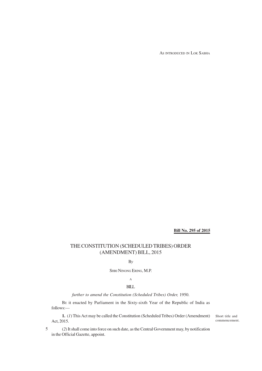 THE CONSTITUTION (SCHEDULED TRIBES) ORDER (AMENDMENT) BILL, 2015 By