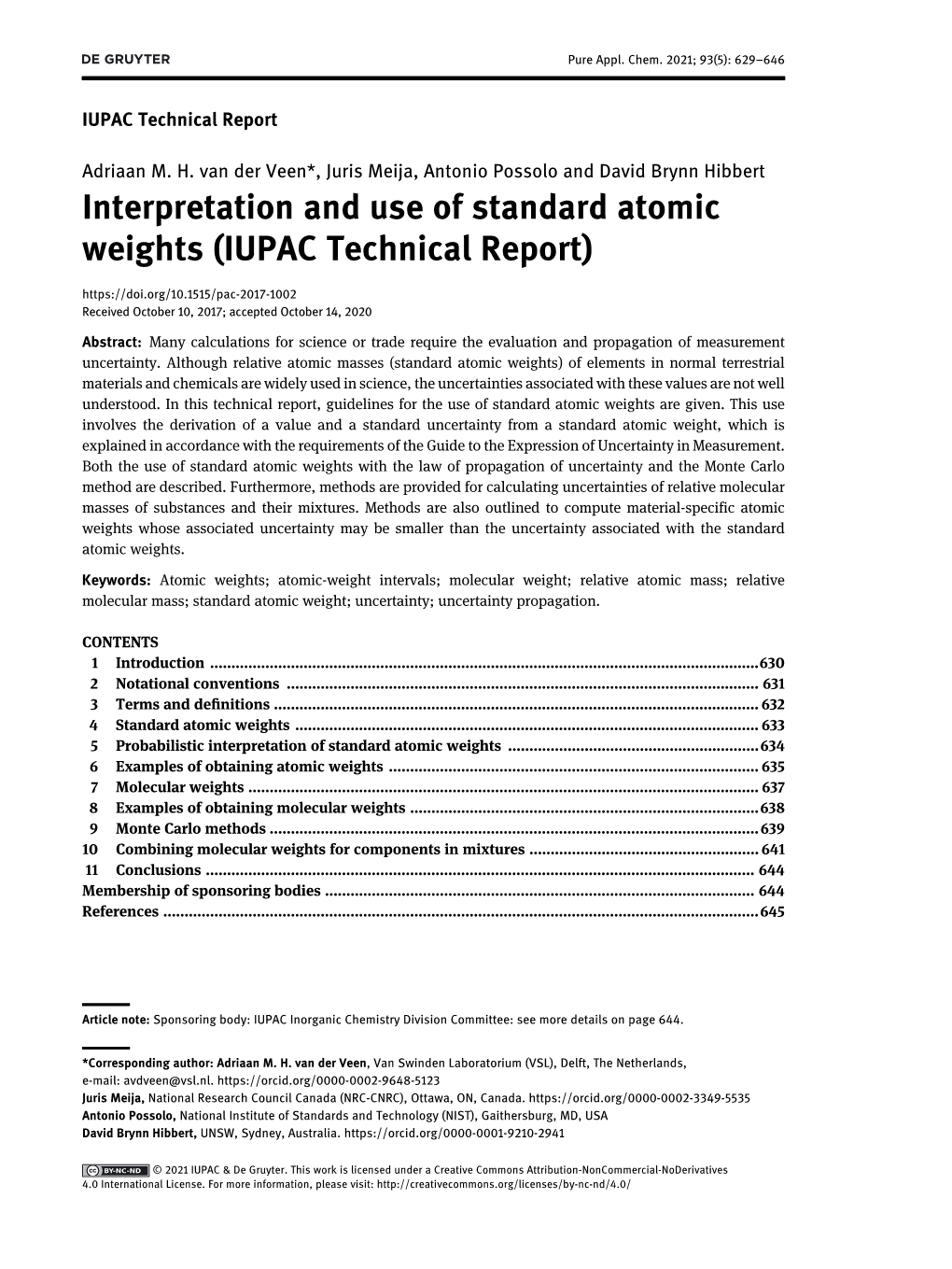 Interpretation and Use of Standard Atomic Weights (IUPAC Technical Report) Received October 10, 2017; Accepted October 14, 2020