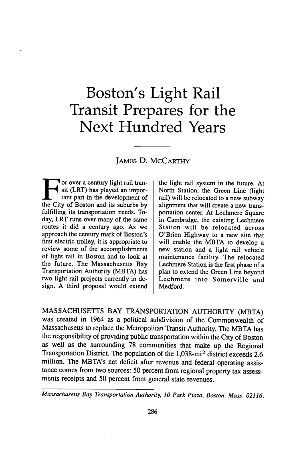 Boston's Light Rail Transit Prepares for the Next Hundred Years