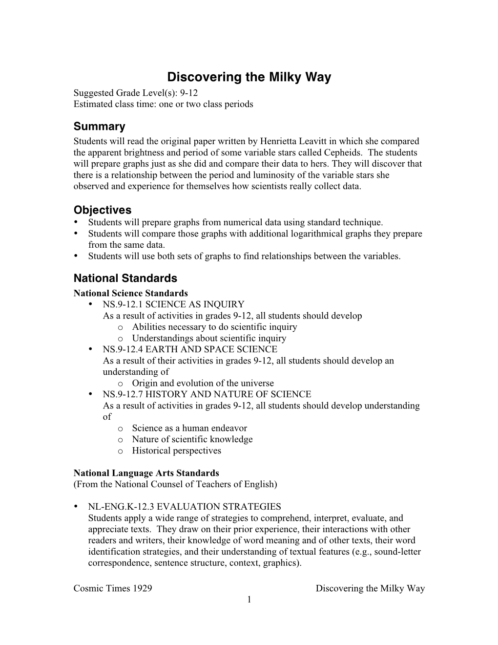 Discovering the Milky Way Suggested Grade Level(S): 9-12 Estimated Class Time: One Or Two Class Periods