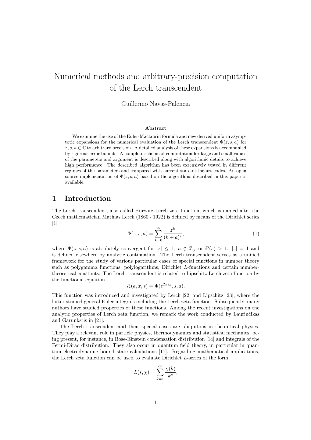 Numerical Methods and Arbitrary-Precision Computation of the Lerch Transcendent