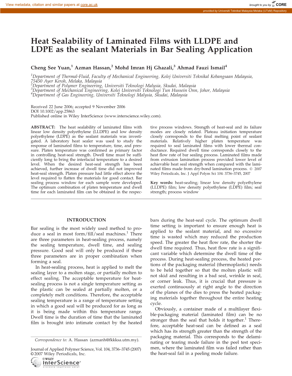 Heat Sealability of Laminated Films with LLDPE and LDPE As the Sealant Materials in Bar Sealing Application