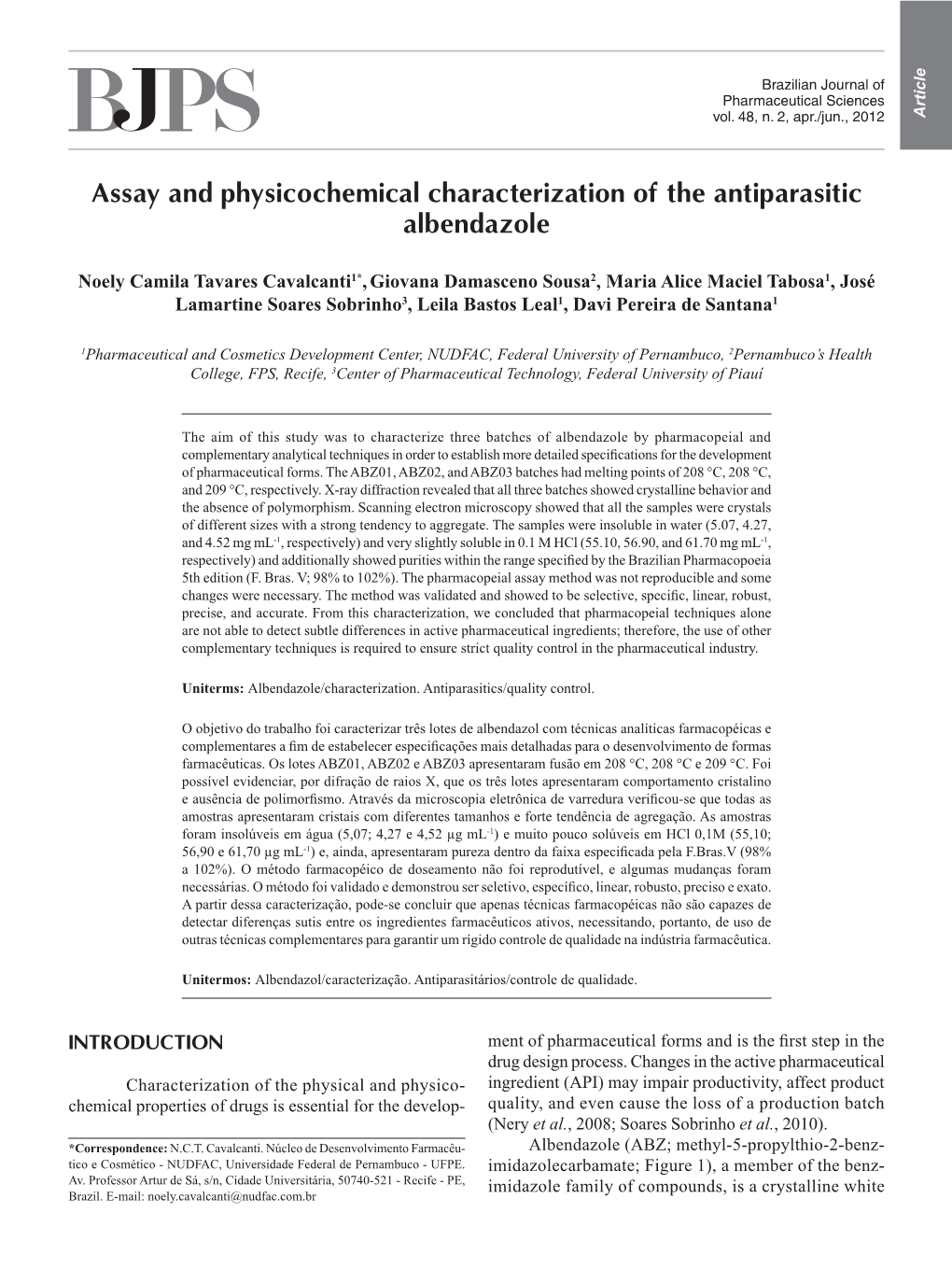 Assay and Physicochemical Characterization of the Antiparasitic Albendazole