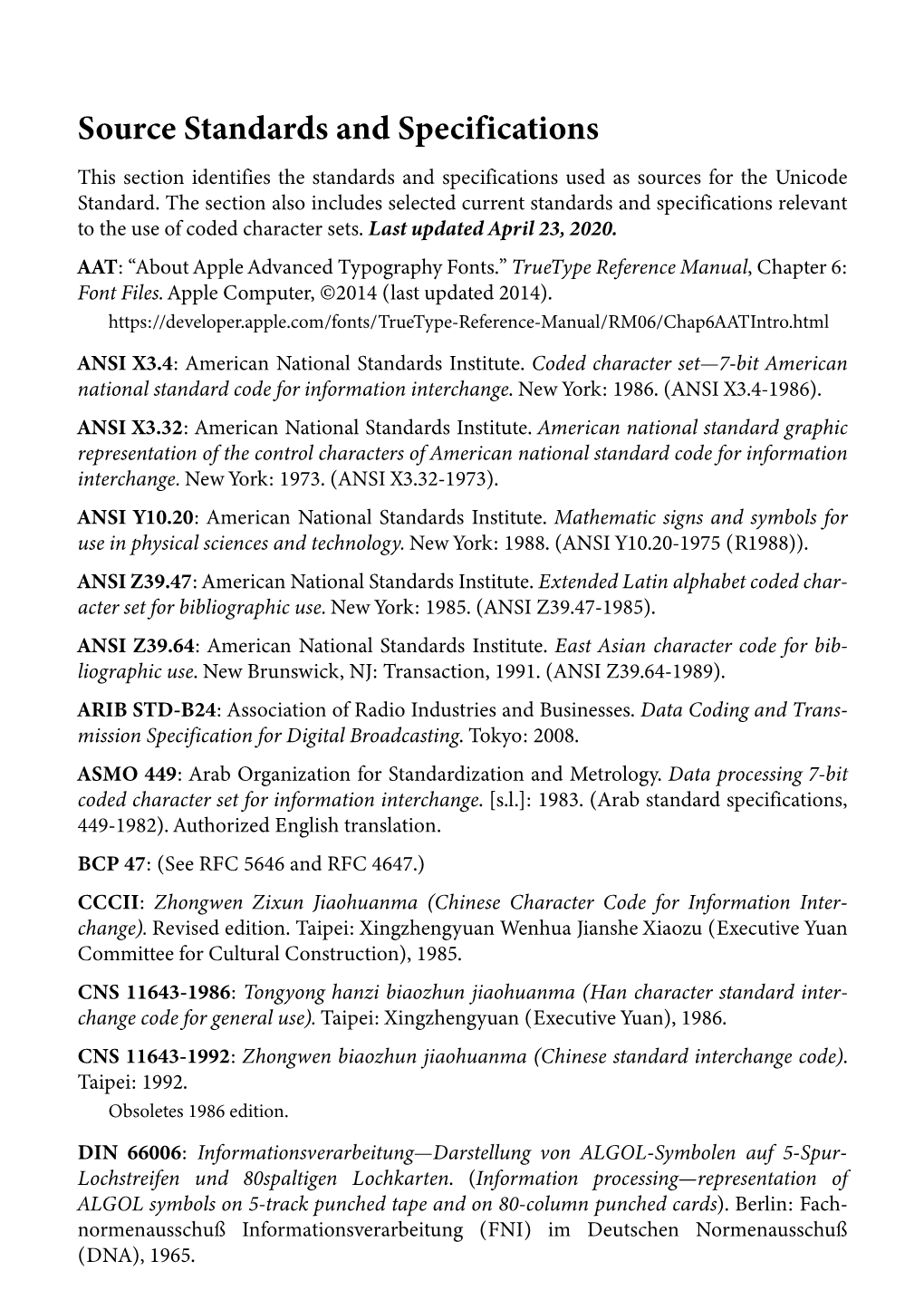 Source Standards and Specifications This Section Identifies the Standards and Specifications Used As Sources for the Unicode Standard