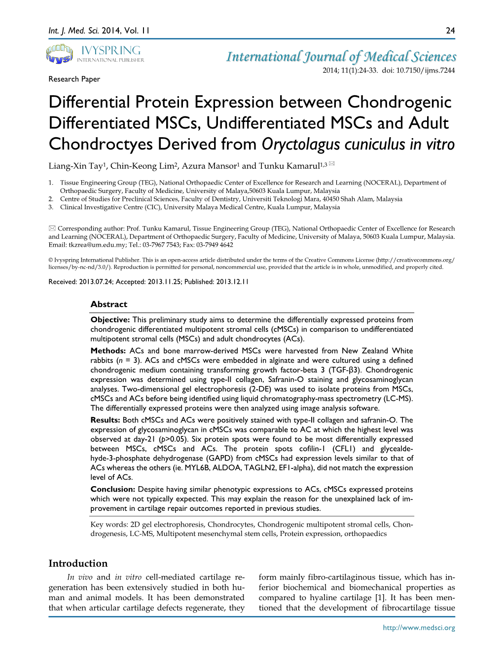 Differential Protein Expression Between Chondrogenic