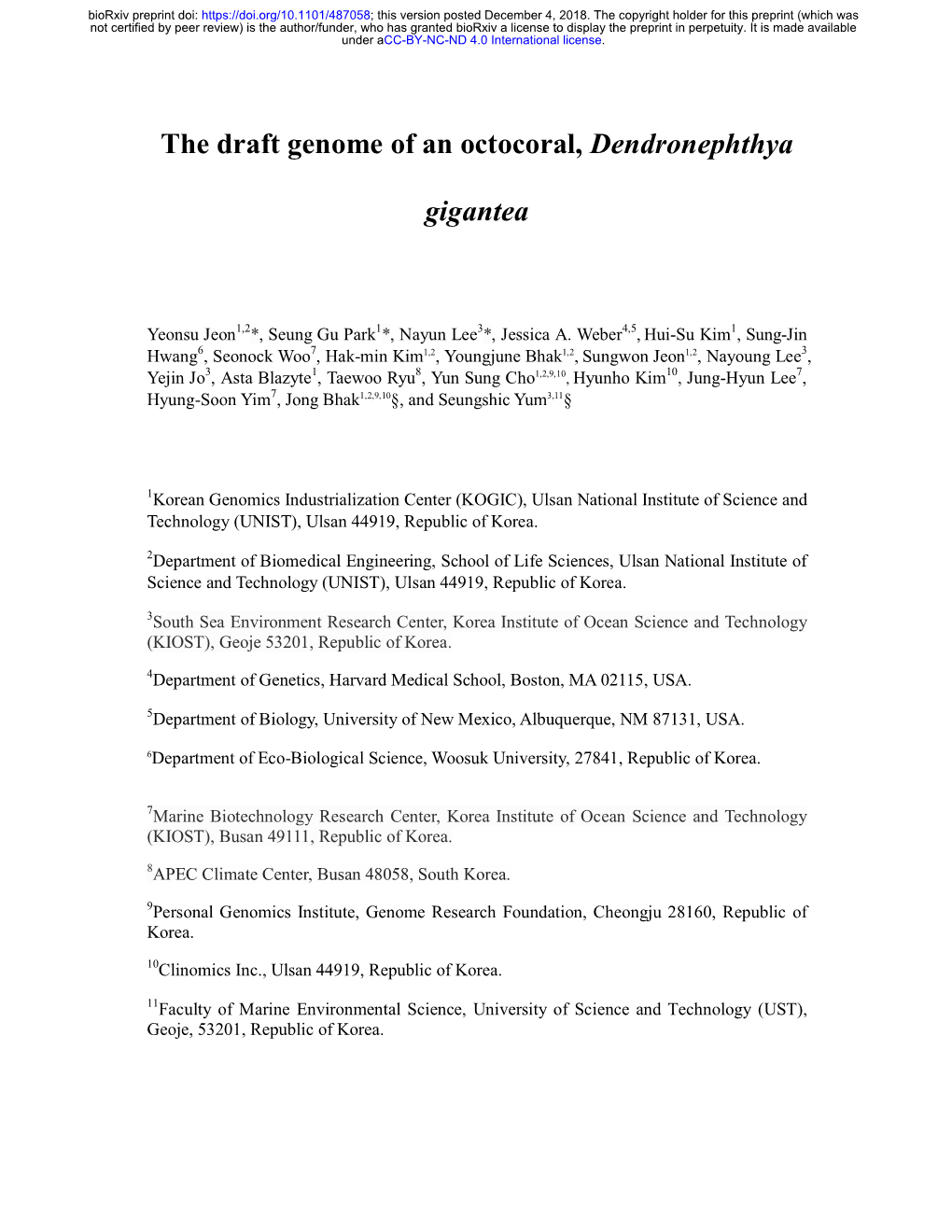 The Draft Genome of an Octocoral, Dendronephthya Gigantea