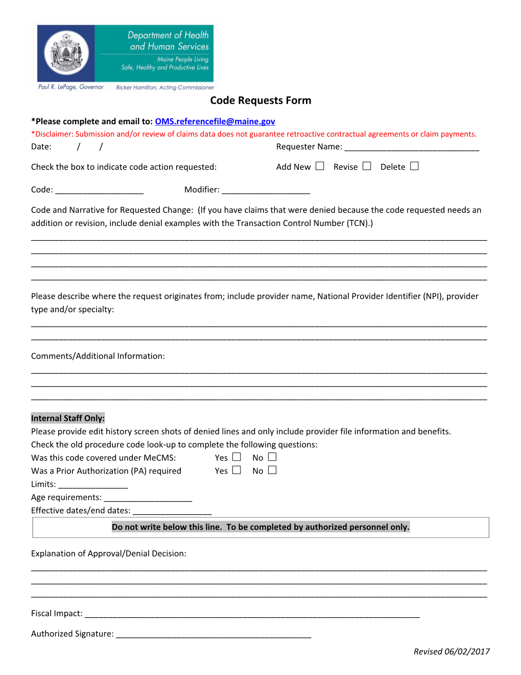 HIPAA Compliant Codes Request Form