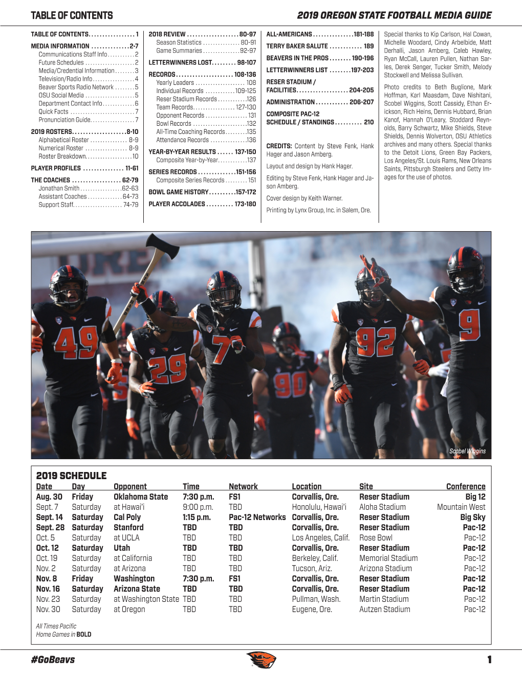 2019 OREGON STATE FOOTBALL MEDIA GUIDE 1 #Gobeavs TABLE of CONTENTS 2019 SCHEDULE