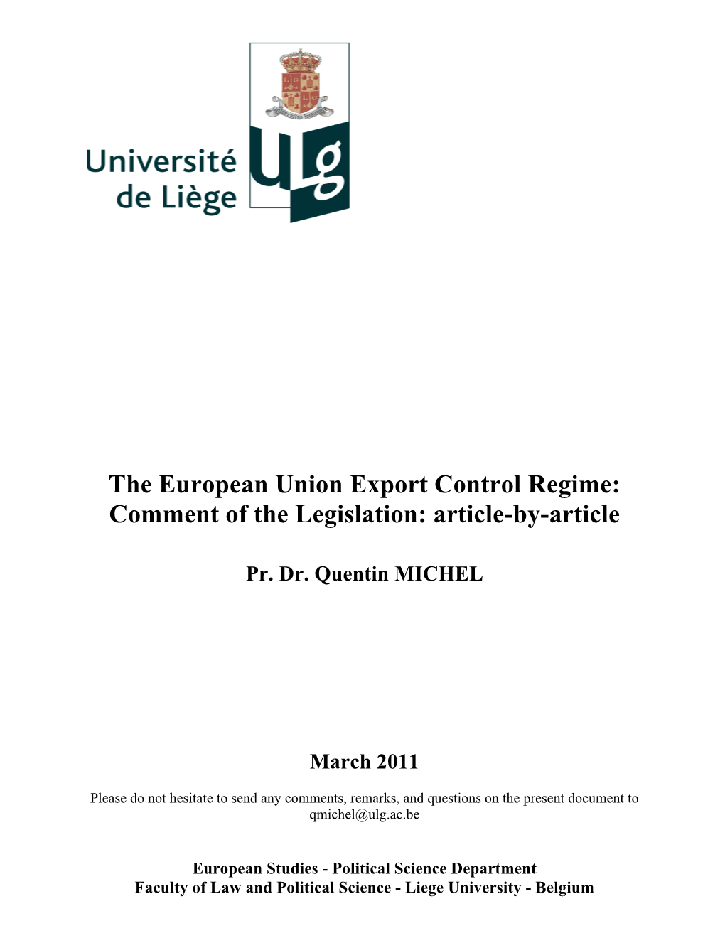 The European Union Export Control Regime: Comment of the Legislation: Article-By-Article