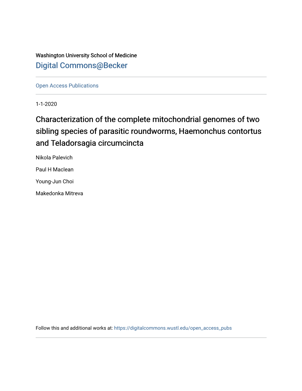 Characterization of the Complete Mitochondrial Genomes of Two Sibling Species of Parasitic Roundworms, Haemonchus Contortus and Teladorsagia Circumcincta