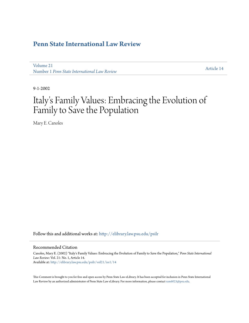 Italy's Family Values: Embracing the Evolution of Family to Save the Population Mary E