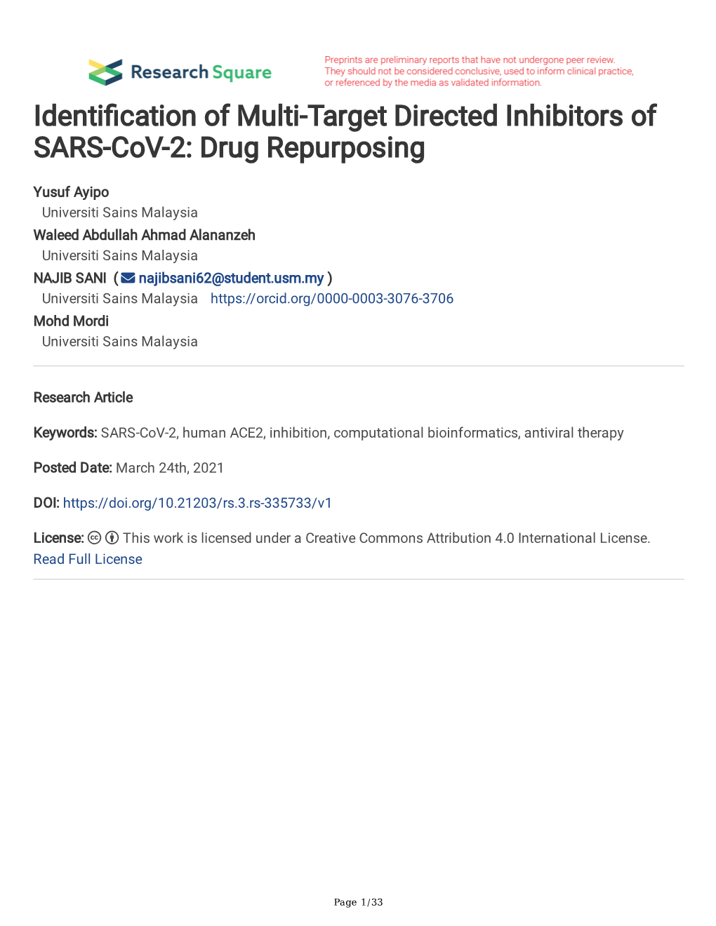 Identi Cation of Multi-Target Directed Inhibitors of SARS-Cov-2