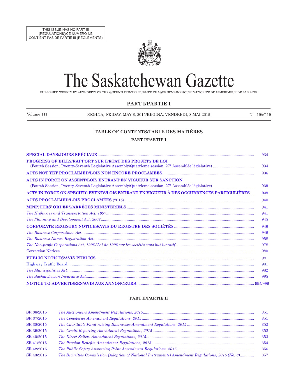 Gazette Part I, May 8, 2015