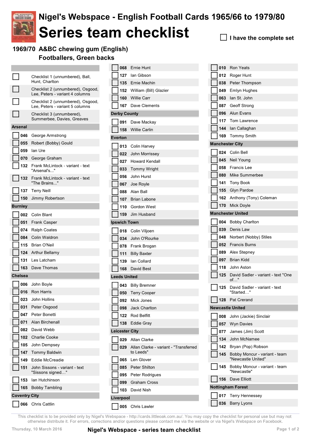 Series Team Checklist I Have the Complete Set 1969/70 A&BC Chewing Gum (English) Footballers, Green Backs