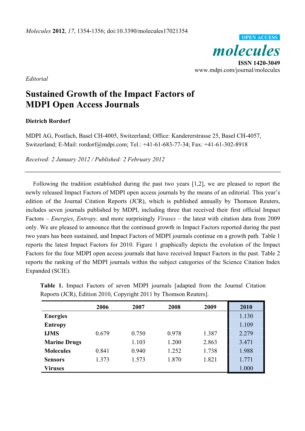 Sustained Growth of the Impact Factors of MDPI Open Access Journals