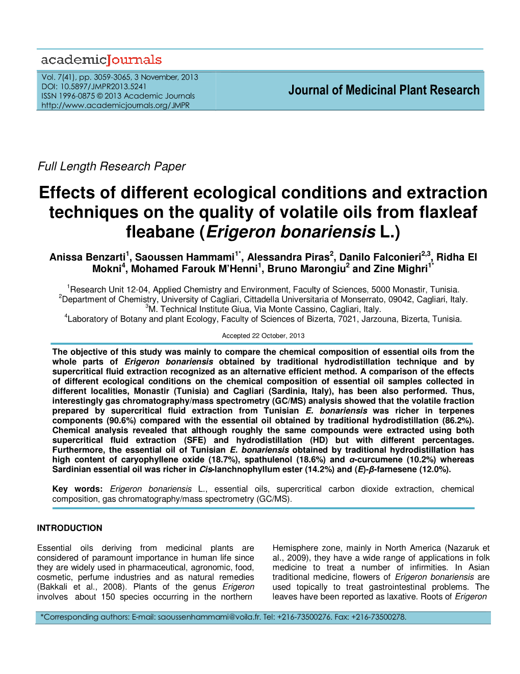 Effects of Different Ecological Conditions and Extraction Techniques on the Quality of Volatile Oils from Flaxleaf Fleabane ( Erigeron Bonariensis L.)