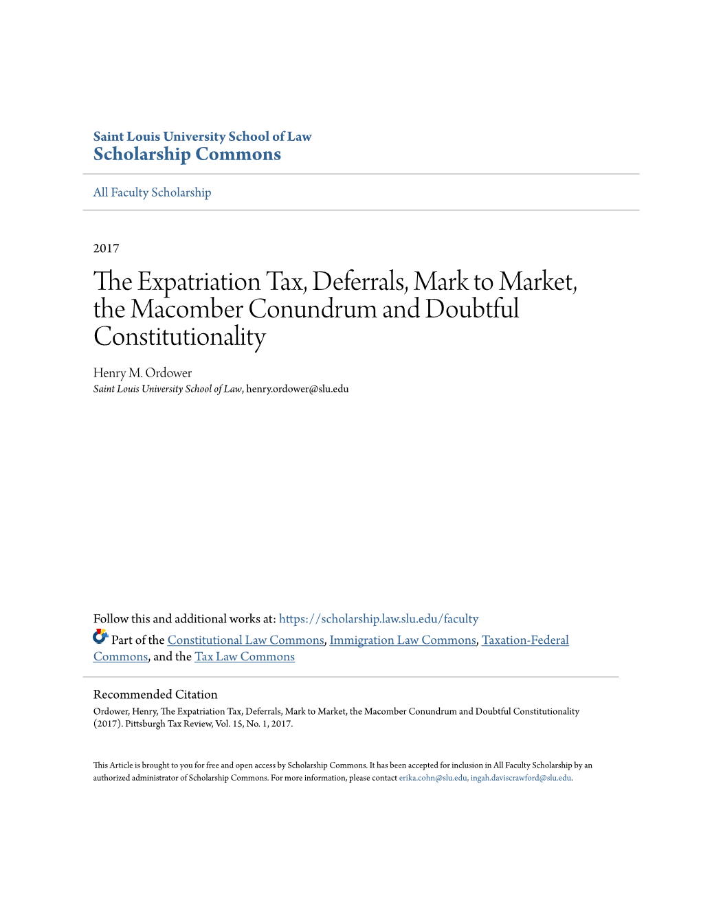 The Expatriation Tax, Deferrals, Mark to Market, the Macomber Conundrum and Doubtful Constitutionality Henry M
