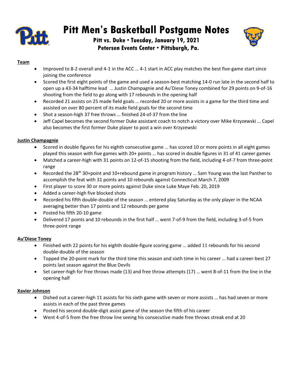 Pitt Men's Basketball Postgame Notes