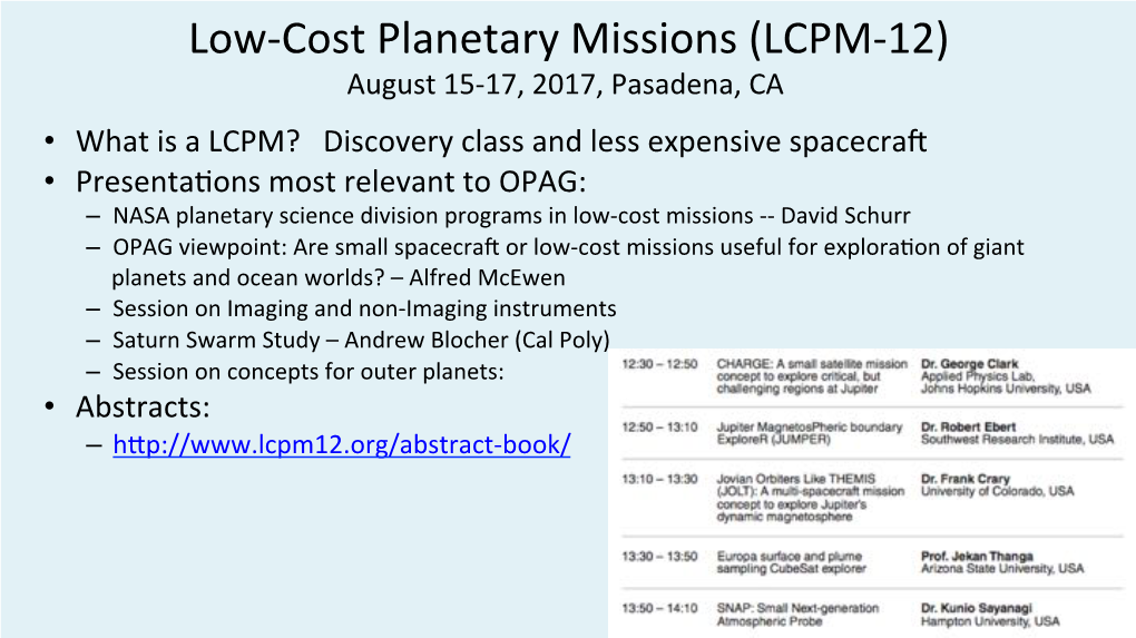 Low-Cost Planetary Missions (LCPM-12)