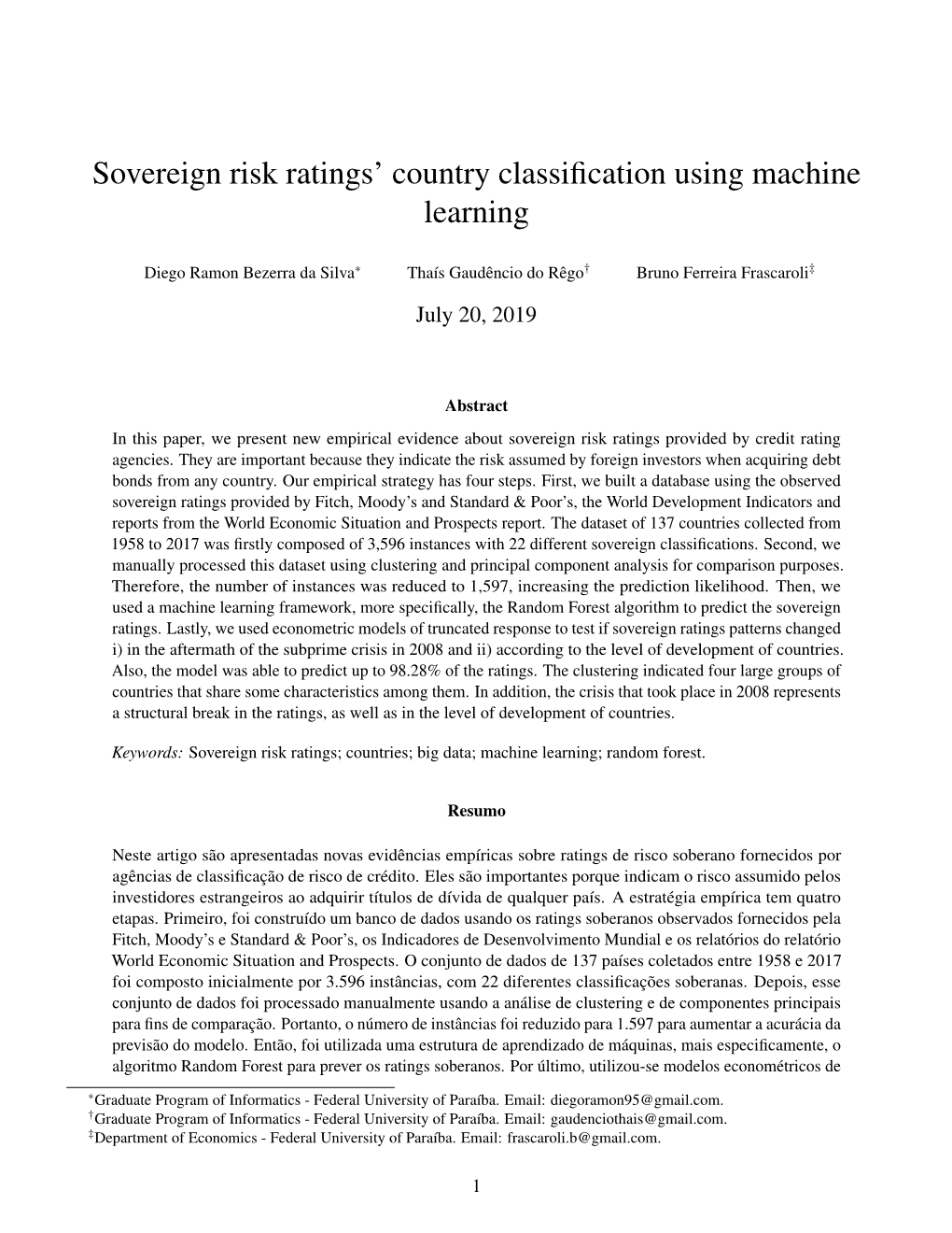 Sovereign Risk Ratings' Country Classification Using Machine Learning