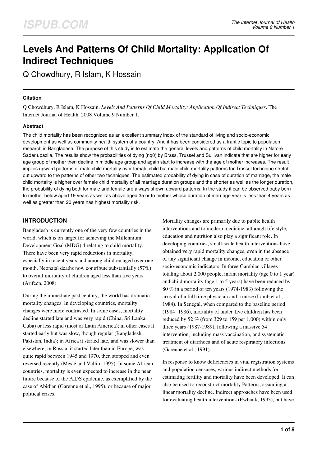 Levels and Patterns of Child Mortality: Application of Indirect Techniques Q Chowdhury, R Islam, K Hossain